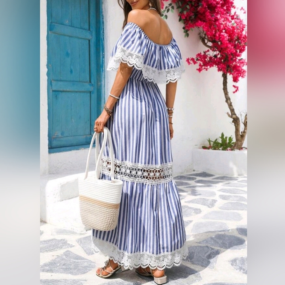 New Boho Lace Inset Popover Off Shoulder Maxi Dress Striped Blue White